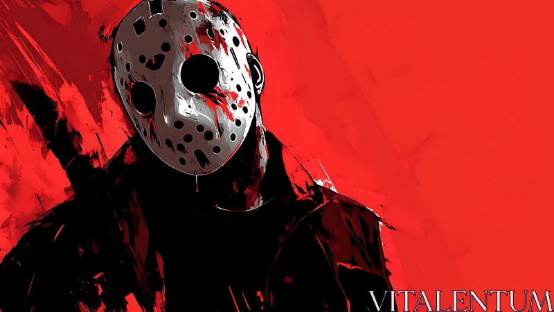 Hockey mask slasher against stark red backdrop.