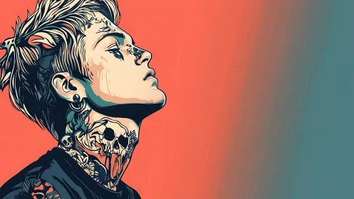 Profile illustration of tattooed person on gradient background.