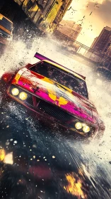 Dynamic muscle car drift with high-speed splash and motion blur