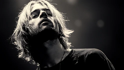 Backlit rock vocalist in dramatic monochrome closeup portrait.