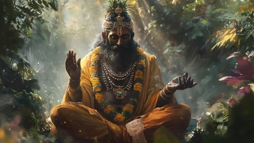 Sunlit forest sage in deep golden meditation stillness.