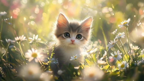 Kitten in Sunlit Daisy Field. Golden Hour.