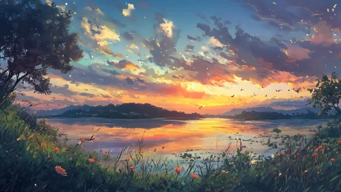 Sunset light spills across a tranquil lakeside meadow