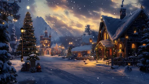 Snow-kissed village glows while twilight wraps Christmas quiet