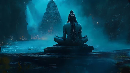 Meditating ascetic silhouette before misty stepped temple at dusk.