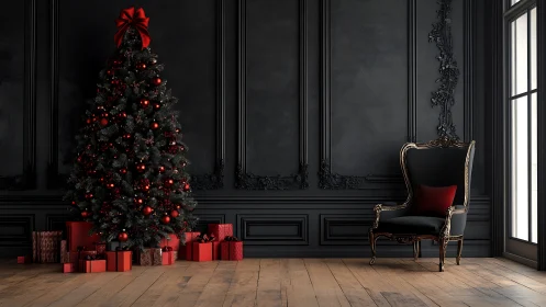 Midnight parlor Christmas tree crowned in crimson glamour.