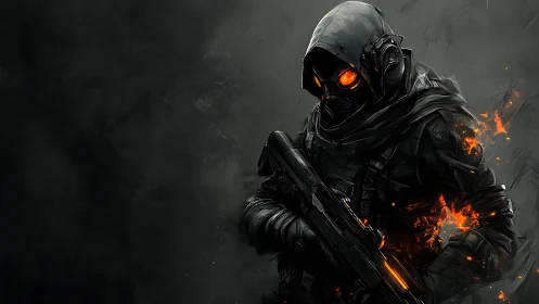 Armored soldier in tactical exosuit with emissive orange flames