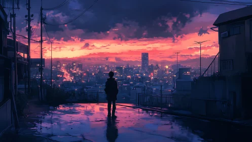 Twilight city overlook with a lone dreamer in quiet reflection.