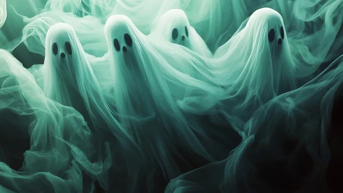 Translucent spectral figures in drifting green vapor field.