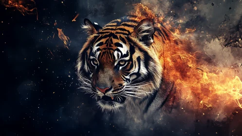 Tiger head emerges through swirling fire and smoke storm.