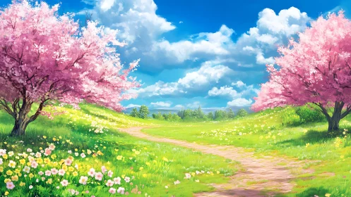 Spring meadow path lined with pink blossom trees under sky.