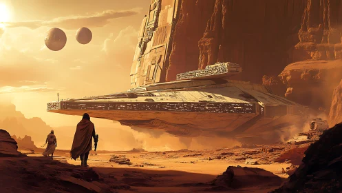 Massive desert star cruiser hovering beside eroded sandstone cliffs
