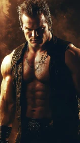 Brooding muscular warrior stands in dramatic golden haze.