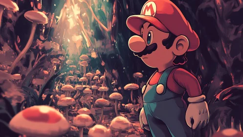 Heroic plumber studies luminous mushroom forest in painterly light