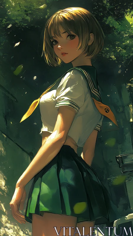 Backlit anime schoolgirl rendered in painterly digital style