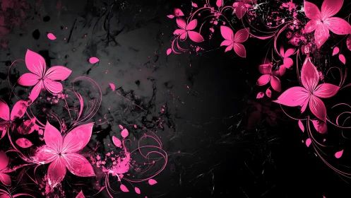 Magenta Floral Flourishes Against Dark Textured Grunge. Digital Art