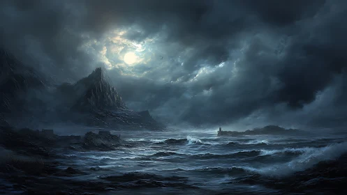 Moonlit tempest over jagged coastal mountains and wild sea.