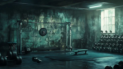Industrial weight room under moody cyan-limed luminance.