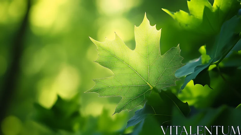 Backlit maple leaf glows against soft green bokeh.