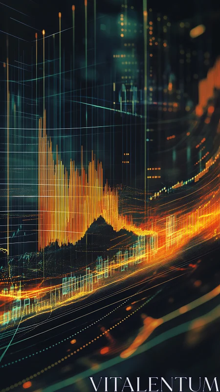 Glowing financial data waves rise across a futuristic gridscape