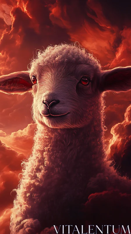Gentle lamb rises from glowing sunset clouds in soft light