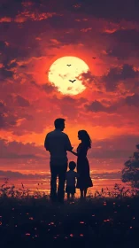 Silhouetted family watching vivid red sunset over water.