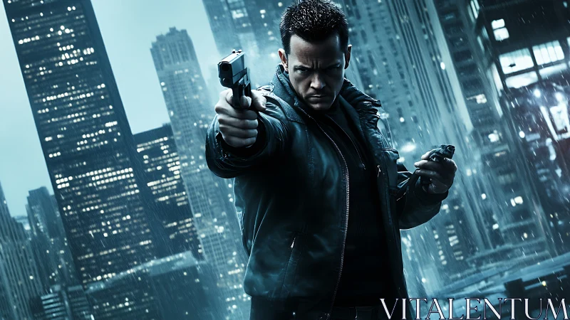 Armed man in dark jacket in rainy nighttime cityscape.