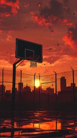 Sunset-drenched city basketball court glows in silence.
