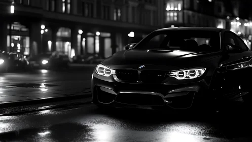 Midnight BMW coupe prowls neon streets in glossy noir hush.