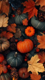 Autumn pumpkins, leaves, and pinecones in flat lay scene.