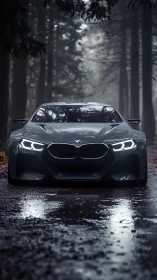Aggressive BMW sports coupe gleams on a misty forest road.