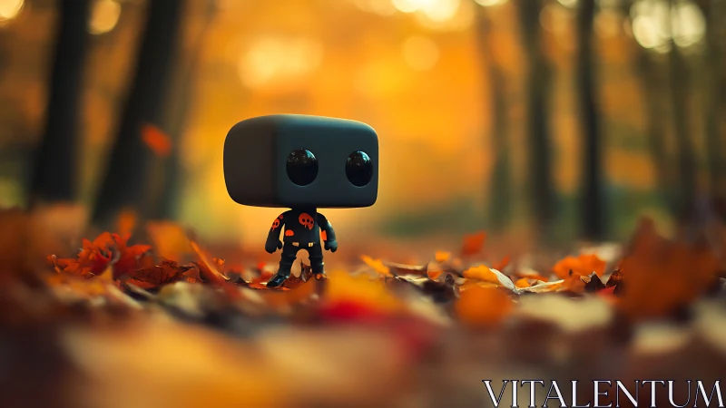 Toy robot figure stands in shallow focus autumn forest scene
