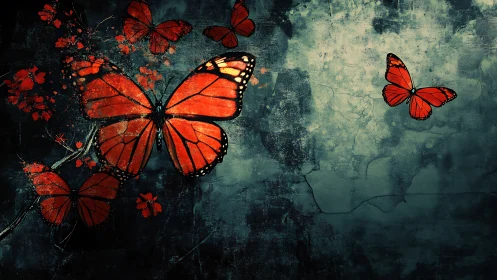 Crimson butterflies drifting across a stormy teal sky.