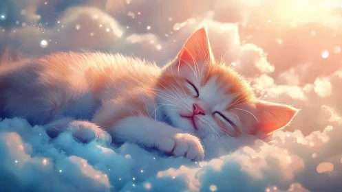Luminous Feline Resting on Cumulus Cloud Formations with Soft Volumetric Atmospheric Rendering