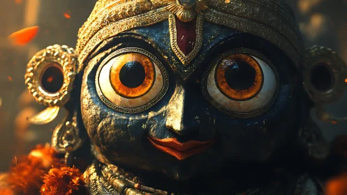 Ornate deity idol portrait glows under warm ceremonial light