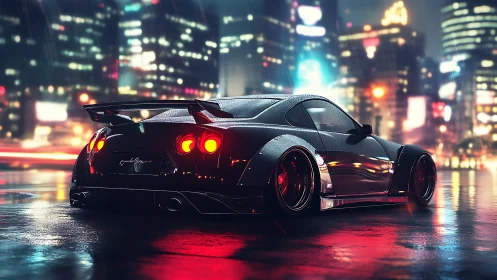 Widebody black sports car under neon city rainstorm.