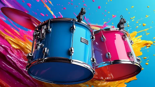 Vibrant dual drum set in suspended motion, chromatic gloss finish.