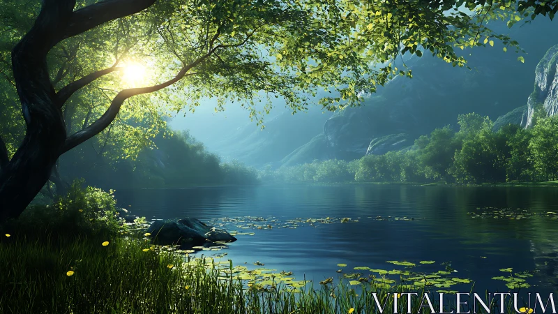 Calm forest lake under morning sun with mountains beyond.