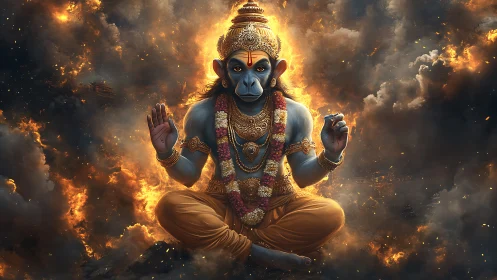 Blue humanoid monkey deity floats in firelit storm clouds