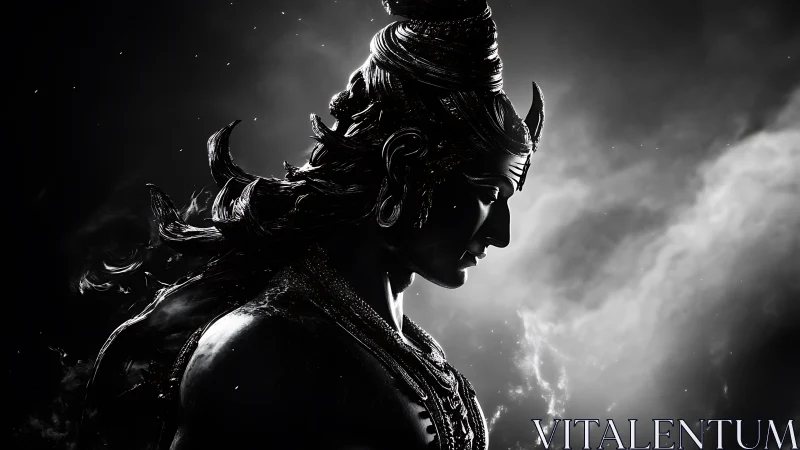 Serene divine profile in moonlit monochrome radiance.