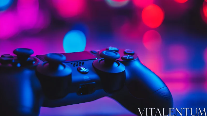 Game controller lies in sharp focus against neon bokeh