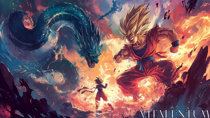Energetic anime duel with serpentine dragon in volatile flames.