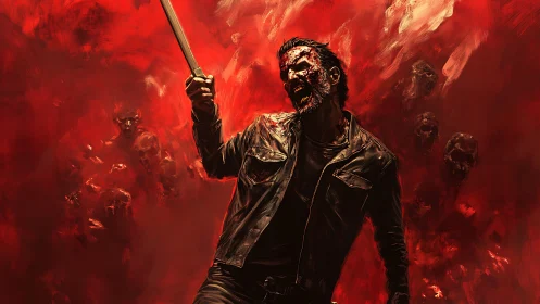 Bloodlit survivor with blade facing encroaching undead horde