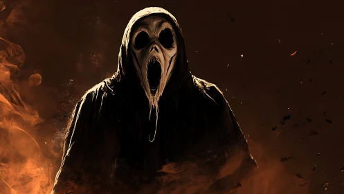 Hooded specter screams from swirling embers and darkness