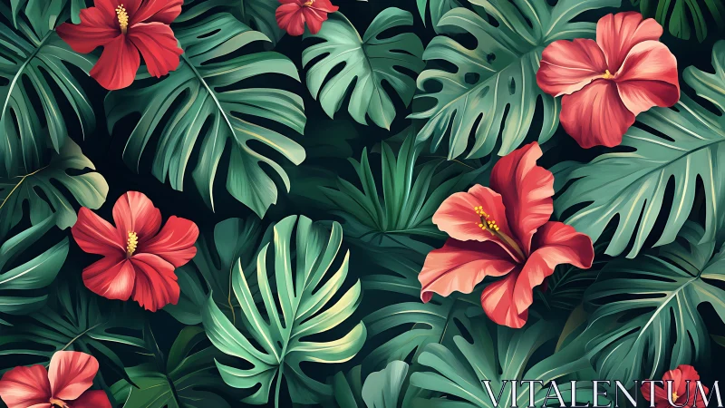 Red hibiscus flowers layered over dense tropical foliage