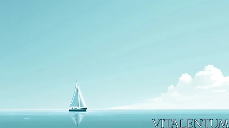 Quiet sailboat drifting across soft blue morning sky.