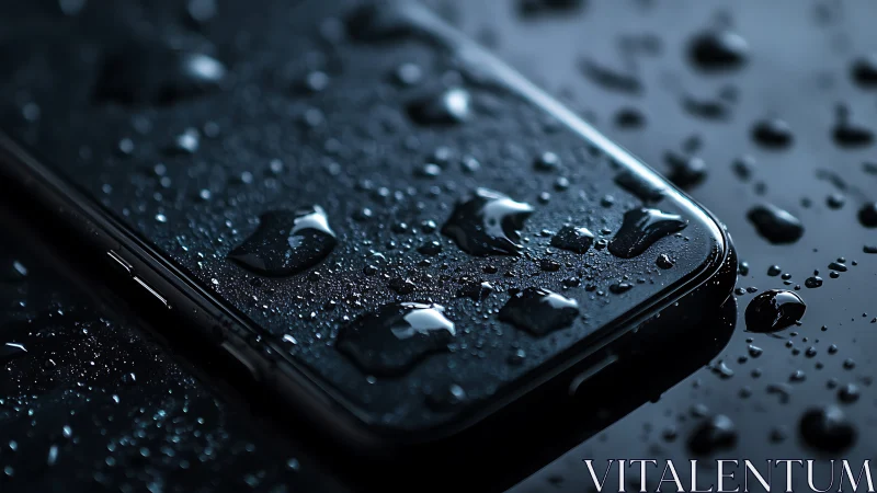Sleek smartphone in dramatic low-key water droplet closeup.