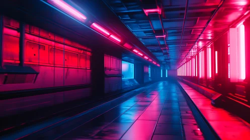 Neon sci fi tunnel glows with vivid magenta and cyan light.