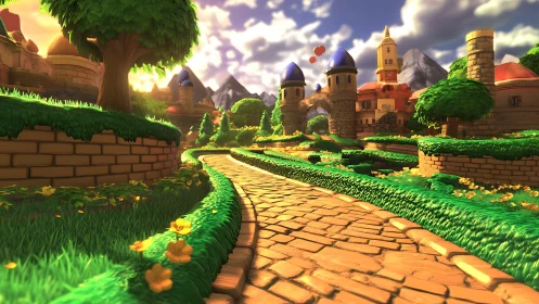 Sunlit fantasy village path with detailed 3D landscape.