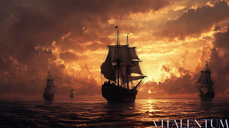 Sunset galleons advance across a luminous, storm-laden horizon